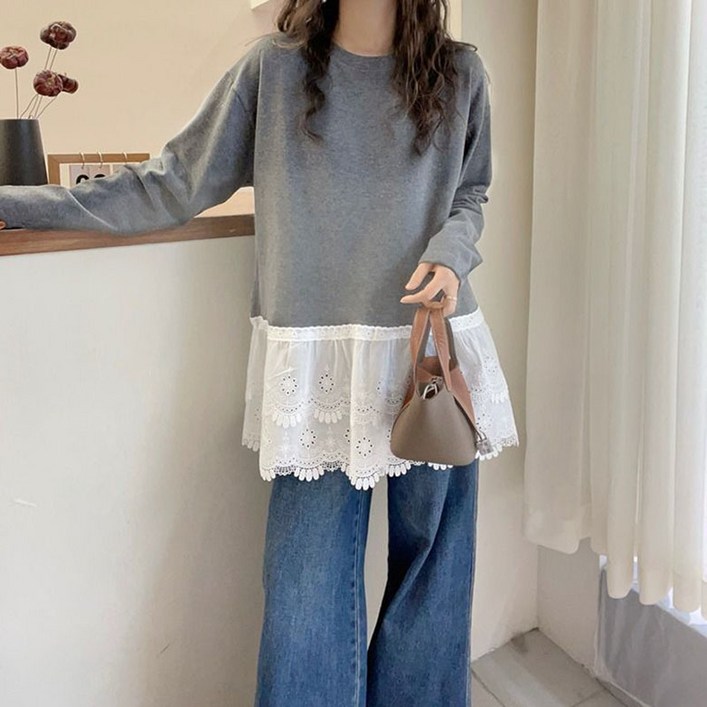 ORZQU 가을 여성 라운드넥 레이스 긴팔 이너 루즈핏 심플 티셔츠