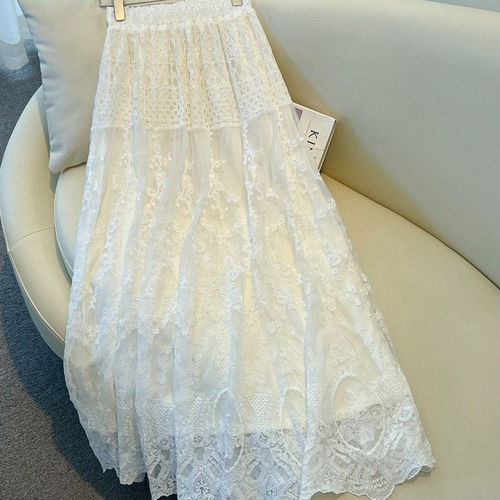 QEWBG   대형 사이즈 여성 레이스 A라인 스커트 화이트