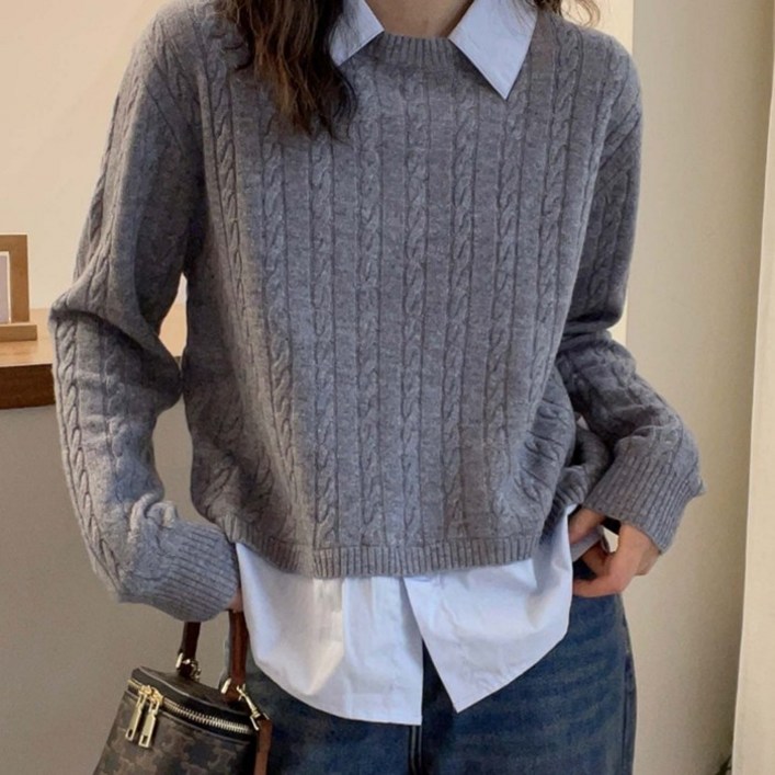 주디앤 여성 페이크 셔츠 레이어드 니트