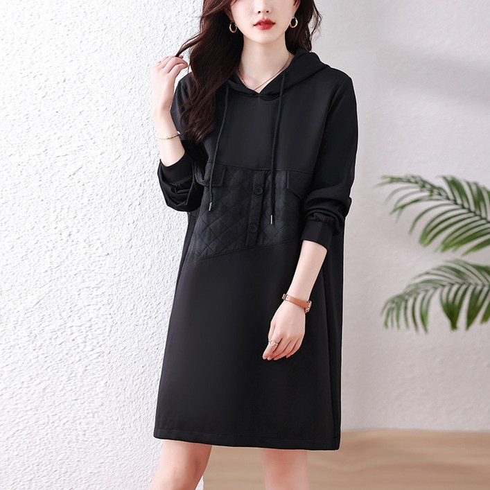 SAHINER 봄가을 여성 후드 오버핏 미니원피스 데일리 캐주얼룩 L222