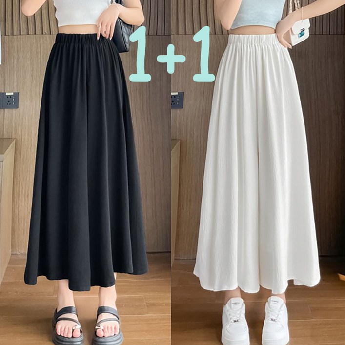 BIKASU 여성 여름 치마바지 시원한 밴딩 플레어 와이드 팬츠 빅사이즈 슬랙스 바지 1+1