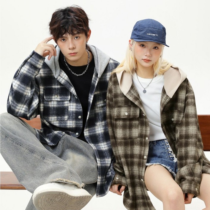 하울맨 남성 오버핏 투포켓 체크 후드 셔츠 긴팔 배색 남방