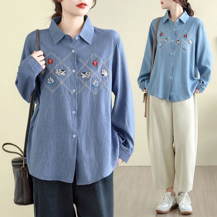 여성 긴팔 청셔츠 빅사이즈 자수 데님 셔츠 봄가을 루즈핏 카디건 출근 롱셔츠