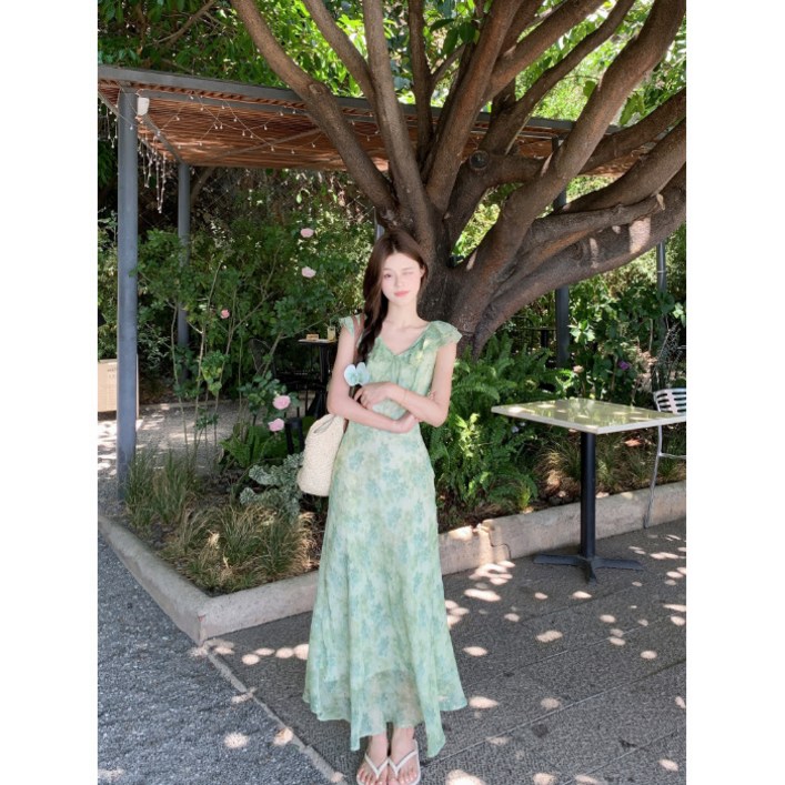 스타일닥터 여자 롱 원피스 여성 여름 캐주얼 그린 플라워 쉬폰 잔꽃 원피스 리조트룩 캐주얼