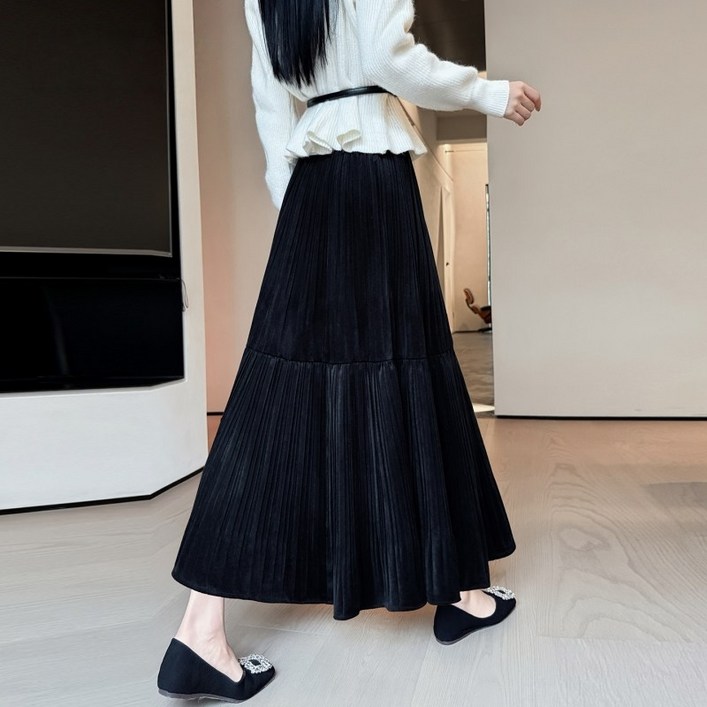 여성 가을 겨울 롱 스커트 빅 사이즈 데일리룩 루즈핏 밴딩 A라인 플리츠 롱 치마