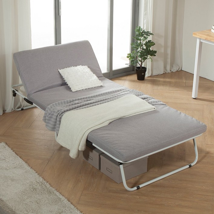1인용 좁은방 공간활용 폴딩 베드 휴대용 접이식 간이 침대, 화이트 프레임+그레이 매트