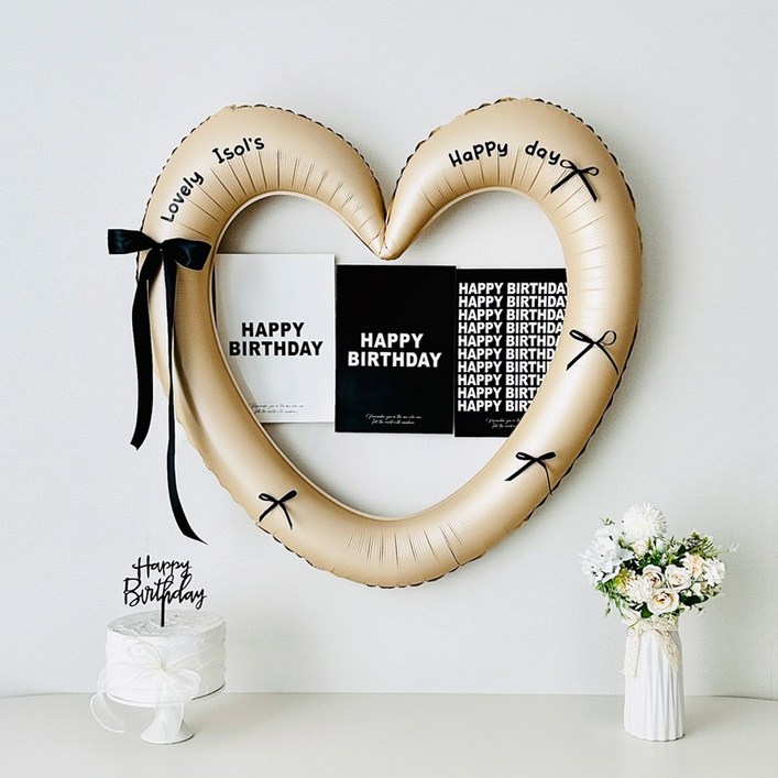 연지마켓 생일 이벤트 하트프레임풍선 블랙 숫자 생일파티 용품 세트 자유레터링, 1세트, 베이지하트 포스터