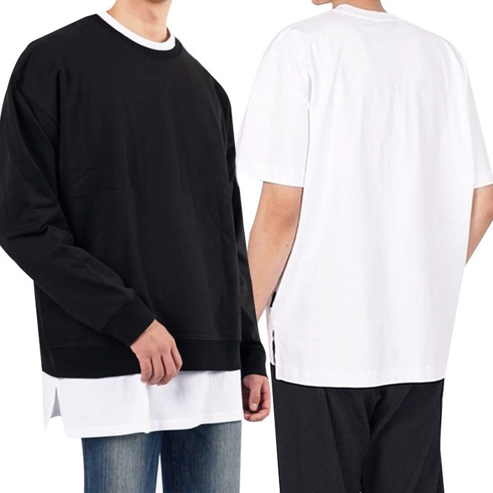 프리미엄 고급원단 수피마코튼 면 100 무지 롱 레이어드 티셔츠 사이드 트임 절개  남자 반팔 레이어드 레이어드티 봄 여름 가을 겨울 사계티 여름티 흰티 검은티