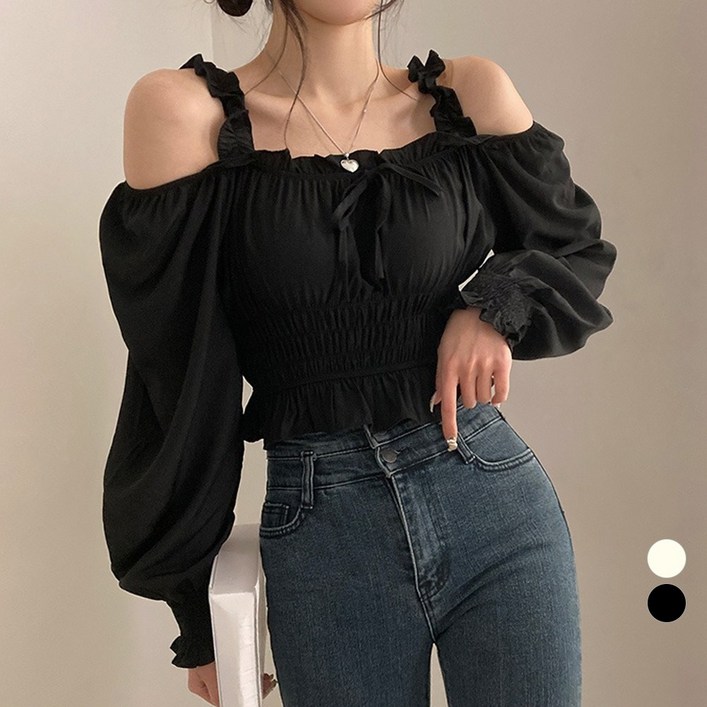 LALABELLE 여성용 러블리 오프숄더 나시 밴딩 프릴 셔링 스트랩 리본 긴팔 블라우스