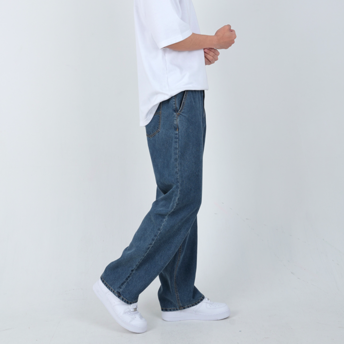 남성용 워싱 청바지 뒷밴딩 세미 와이드 루즈핏 일자 데님 팬츠