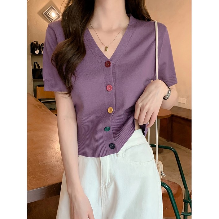 Kdragon 여성 브이넥 니트탑 컬러단추 니트 가디건  데일리룩 데이트룩