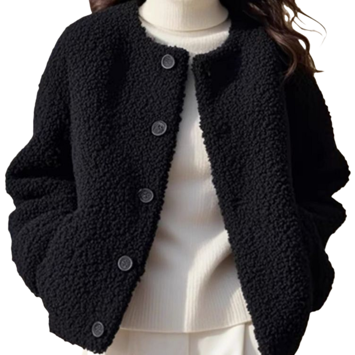 Makone 여성 가을 겨울 노카라 라운드넥 블랙 캐주얼 뽀글이 자켓