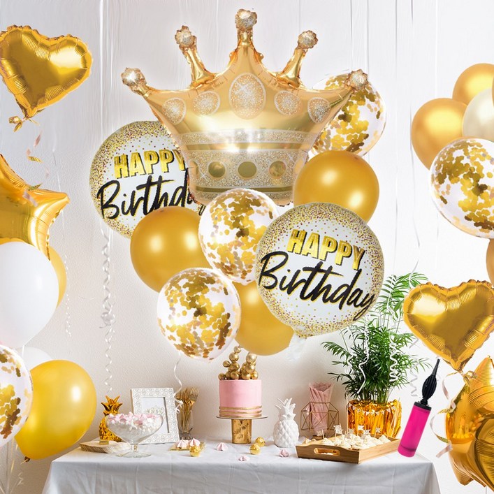파티팜팜 생일 파티 왕관 풍선 장식 9P, 골드세트
