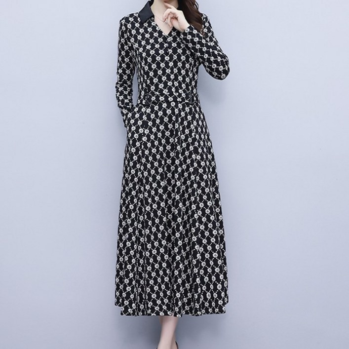 기하학 카라 브이넥 롱 원피스 517