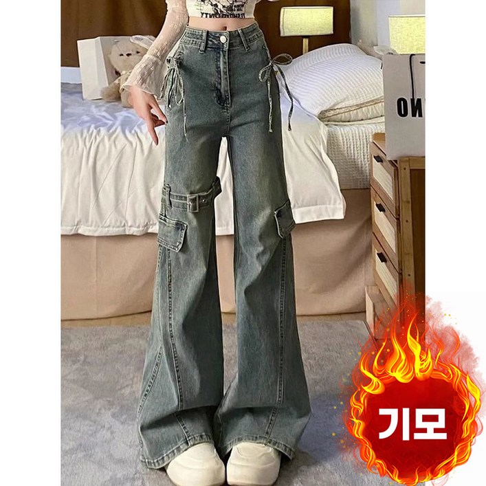 Neirny 여성 빈티지 기모 카고 데님 팬츠 가을 겨울 보온 데일리 도톰 캐주얼 스판 심플 방한 간절기 부츠컷 청바지