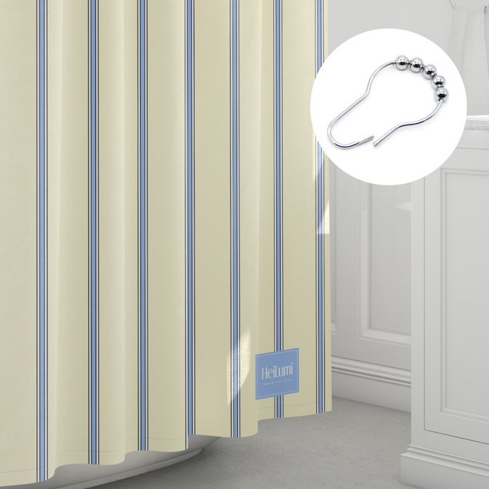 프리미엄 패브릭 방수 샤워 커튼 + 스텐 커튼 링 12p