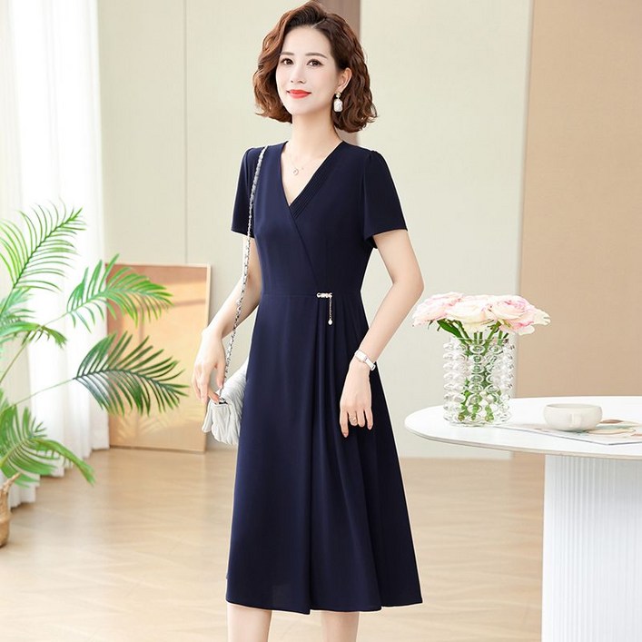 중년 여성 반팔 원피스 봄 여름 기질 시크 미디 치마 패션 엄마 브이넥 원피스 YHY