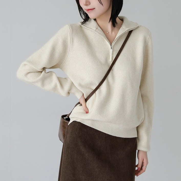 제니트 도톰 하이넥 비스코스 하프집업 오픈카라 투웨이 루즈핏 보들 부드러운 폭닥 포근 폴라 반집업 여성 니트 긴팔