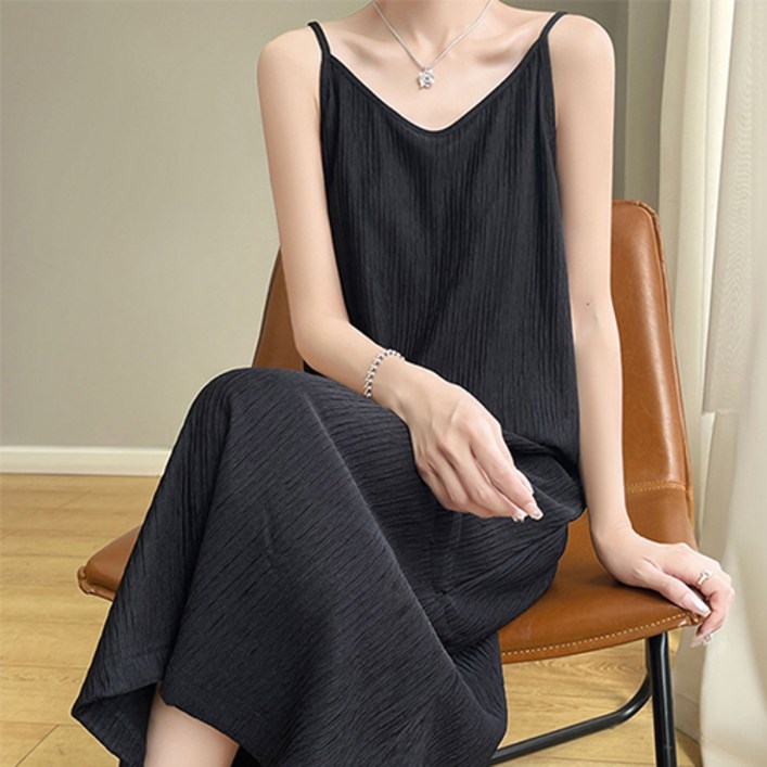 데일로엔 여성 링클프리 플리츠 끈 나시 롱 원피스