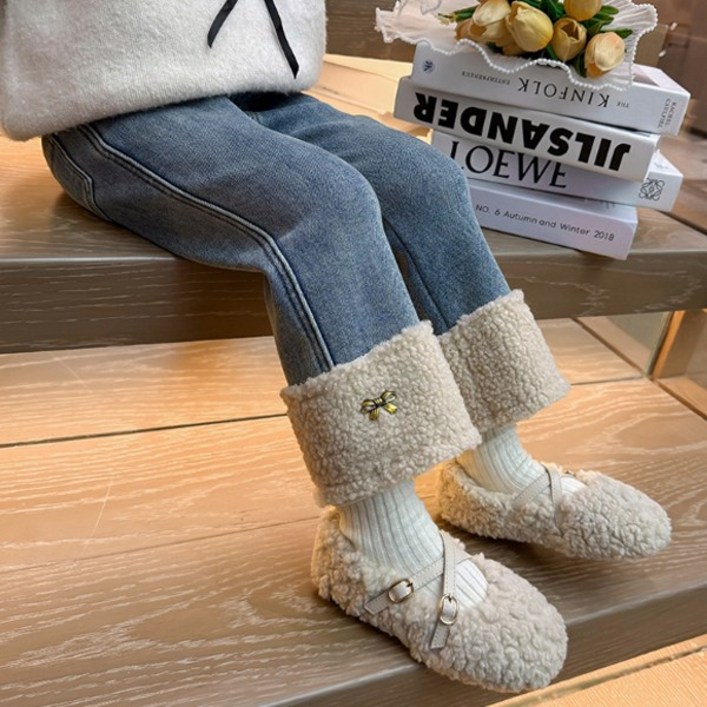 리본뽀글퍼롤업팬츠 키즈 뽀글이 데님팬츠 리본포인트 따뜻한 기모바지