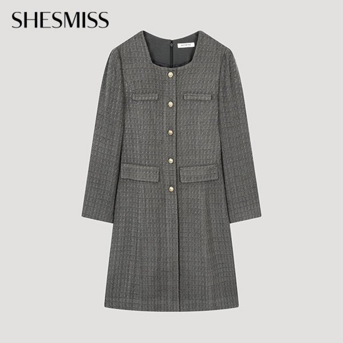 국내백화점 쉬즈미스 여성 트위드 스퀘어넥 그레이 하객룩 오피스룩 정장 원피스