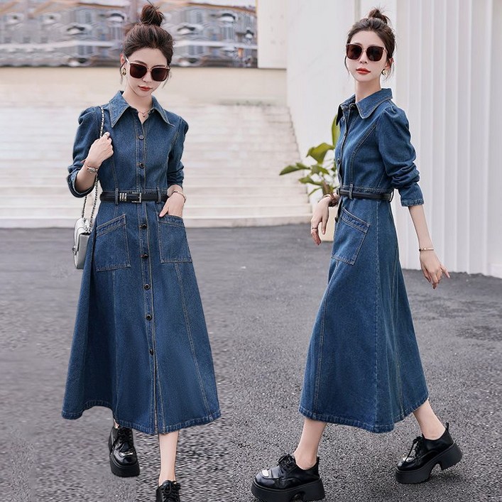 데일리 카라 단추 데님 빈티지 롱원피스 빅사이즈 퍼프소매 긴팔 청원피스 봄가을