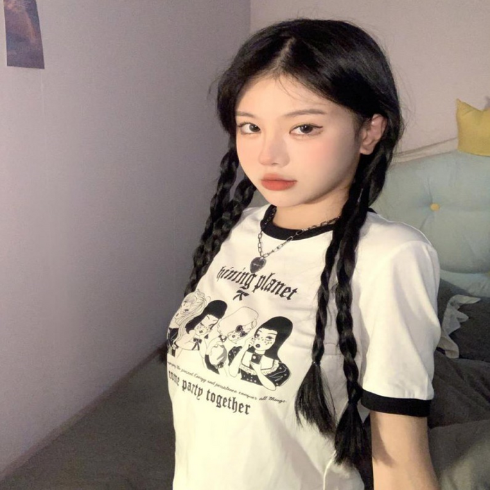 에심플 여성 소녀 프린팅 반팔 크롭티
