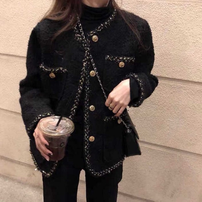 캐주얼재킷 트위드 노카라 봄 여성 자켓 한국어 블랙 코트 겉옷 코트 채널 스타일 za 정장 자른 줄무늬 카와이 빈티지 패션 정장