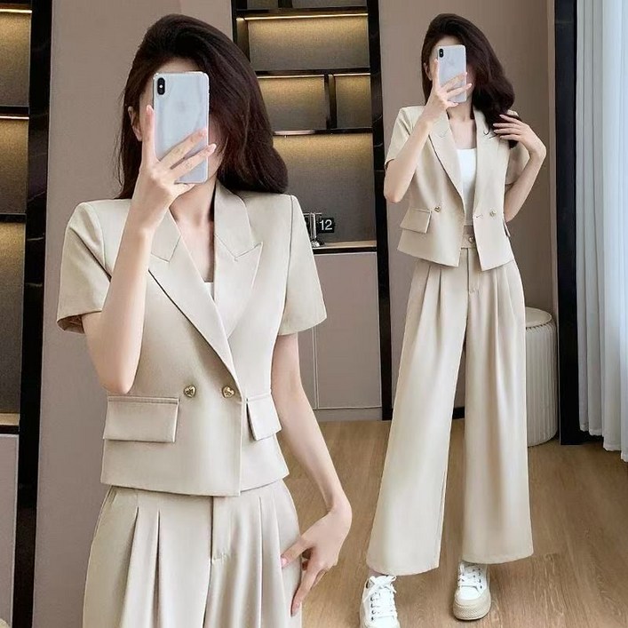 여성용 패션 정장 세트 봄 여름 캐주얼 오피스룩 셋트 반팔 작은 키 얇은 정장 코트  루즈핏 와이드 바지 투피스 YMY