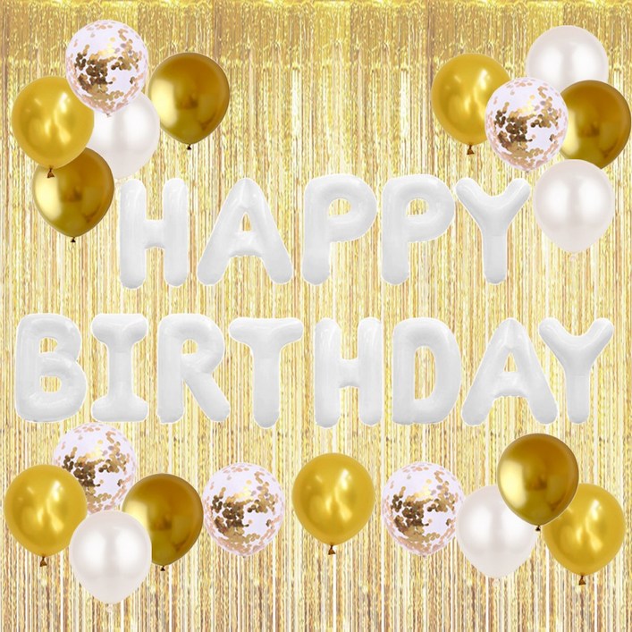 HBD 은박풍선 크롬메탈 혼합풍선세트 파티커튼 생일파티세트 에브리띵스마일 1221, 1세트, 화이트 골드 풍선 커튼