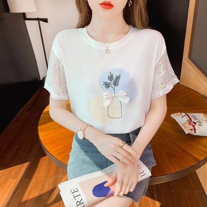 해피유통 여성 여름 반팔 티셔츠 공주 소매 예쁜 프린트 캐주얼 면 티zhq