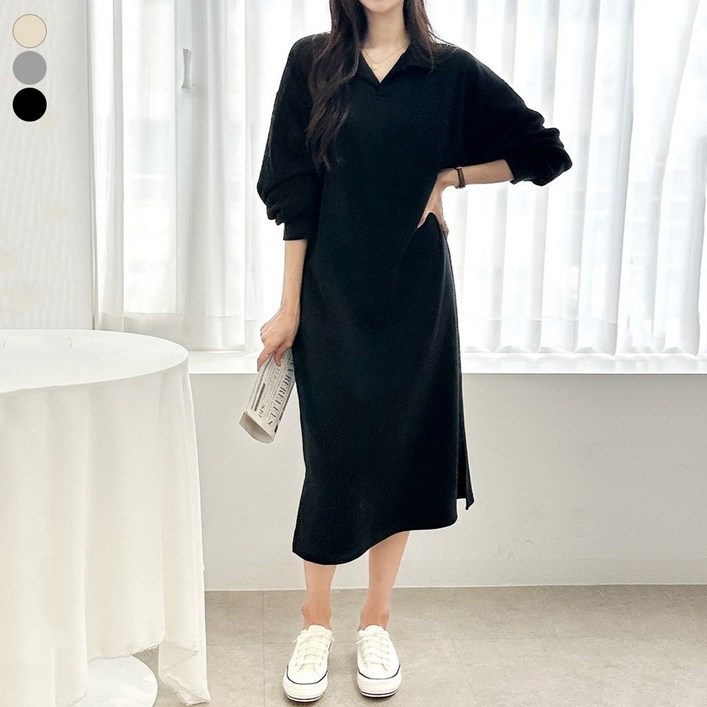 블레스유 여성 루즈핏 오픈 카라 긴팔 롱 원피스 봄 가을 겨울 간절기 88사이즈