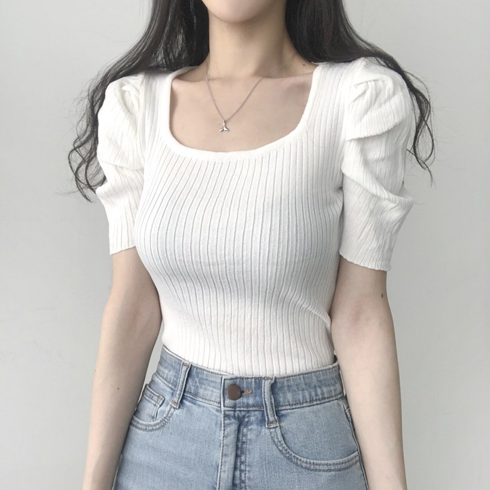 리리의감각 11할인 여성 글램핏 스퀘어넥 봄 퍼프소매 반팔 니트티셔츠