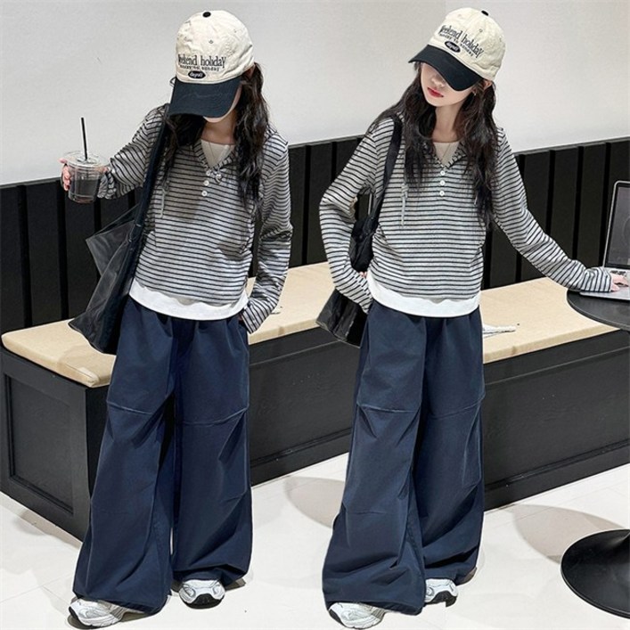 비비키드 신상 초등생 스트라이프 후드 페이크 레이어드 긴팔 상의 초중생 하의 긴바지 주니어 세트 여아 봄 가을 초등생 상의하의 77715