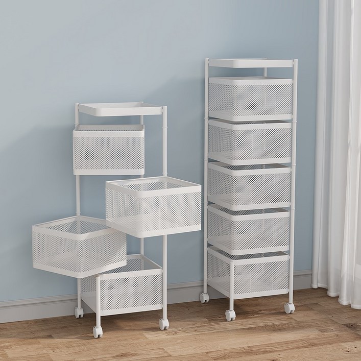Kleeno 다목적 철제 이동식 수납 트롤리 회전 트롤리 주방 욕실 베란다 트롤리 장난감 트롤리, 흰색, 4단