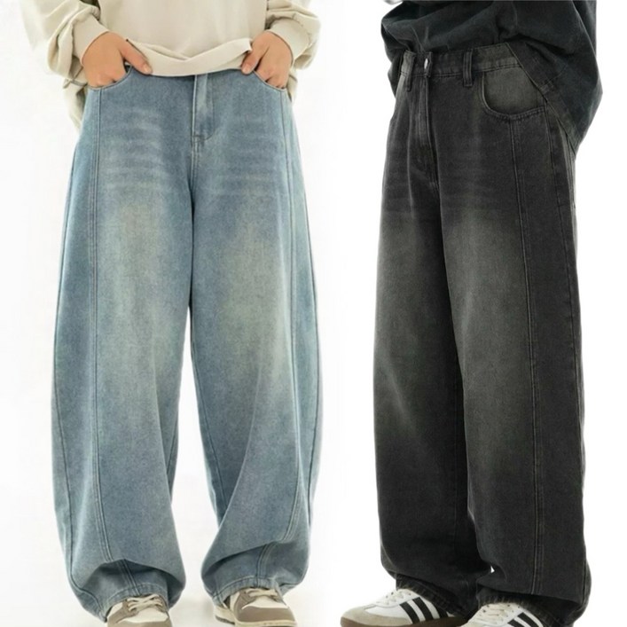 투나이언 남성용 허리 뒷밴딩 벌룬 와이드 데님 팬츠 빈티지 워싱 청바지