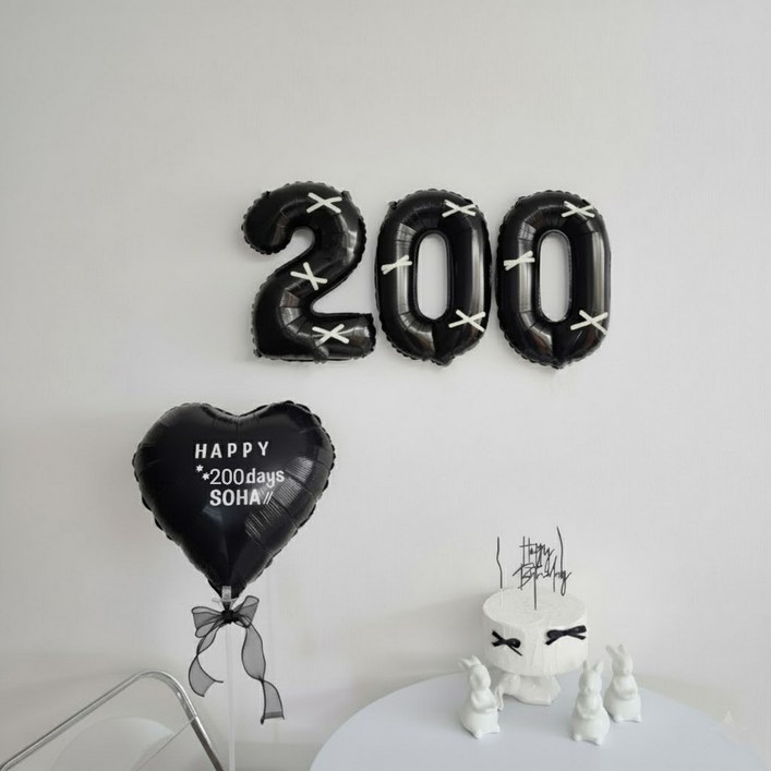 레몬스튜디오 자유레터링스티커 아기셀프촬영 블랙포토존 리본장식 숫자풍선세트