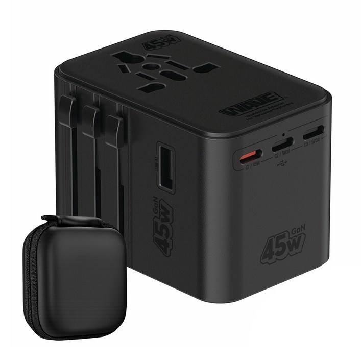 이어맥 2500W 드라이기 사용 가능 고출력 GaN 45W 초고속 충전 해외 여행용 멀티 플러그 어댑터 블랙