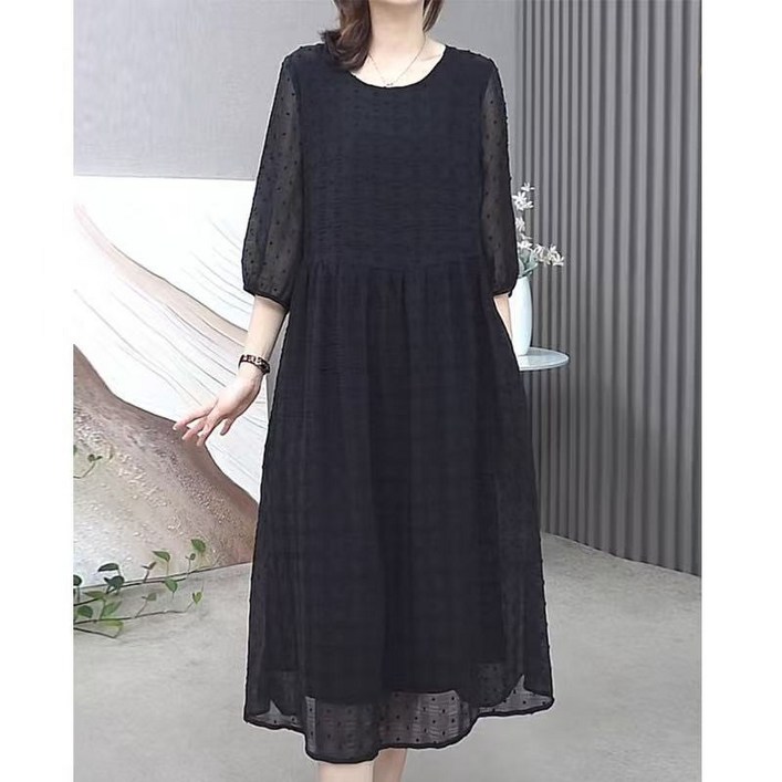 중년 여성 롱 원피스 여성 봄 가을 긴 원피스 7부 소매 무릎 아래 엄마 드레스 JXH