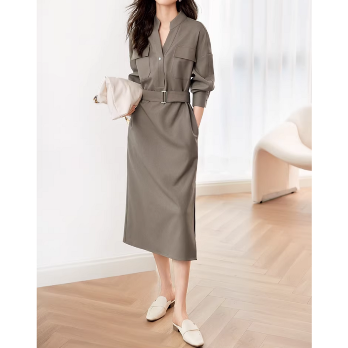 에버리씽 여성 카라넥 슬림핏 벨트 롱 셔츠 원피스 Q326