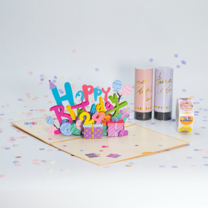 JIU 3D 입체 팝업 생일 축하 카드 + 꽃가루 컨페티 2개 세트, 세트B