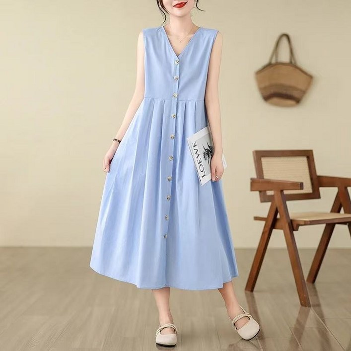 루스리더 여성용 브이넥 단추 민소매 롱 원피스 ES51