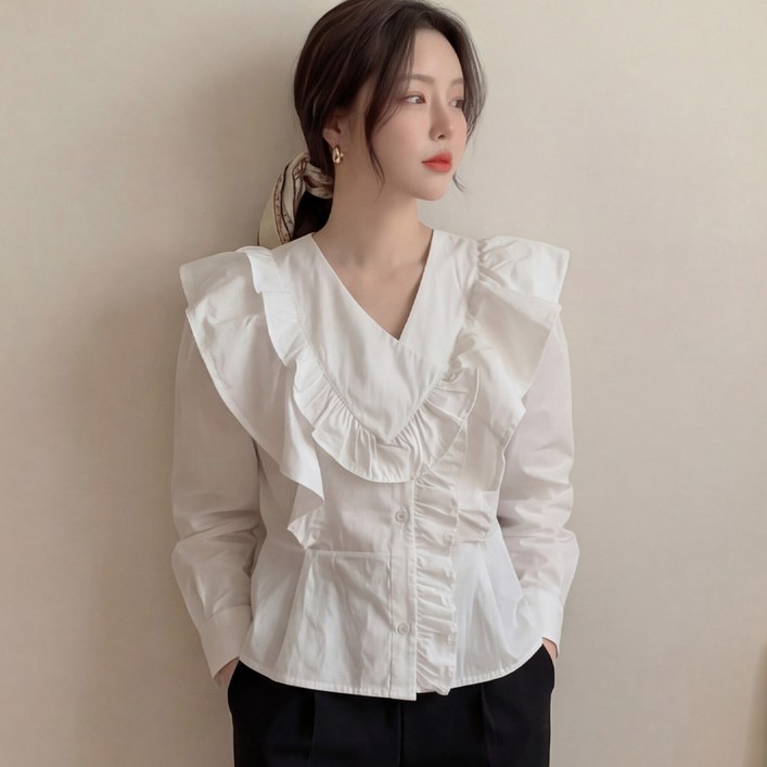 B1778 포블랑 빅사이즈 여성 프릴 페플럼 블라우스 봄가을용