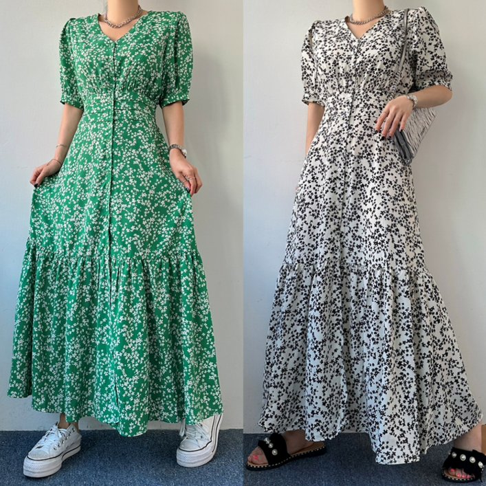 에이스토리 여신 퍼프소매 플라워 여름 롱원피스 머메이드 맥시롱원피스