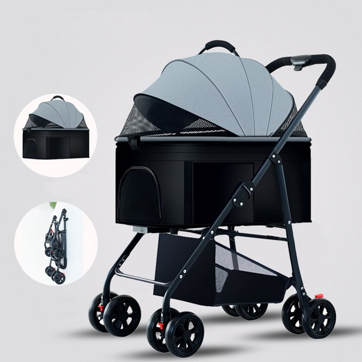 달리발리 모아펫 카트 강아지 고양이 프리미엄 2in1 카시트 겸용 접이식 이동장 애완동물 유모차, 그레이
