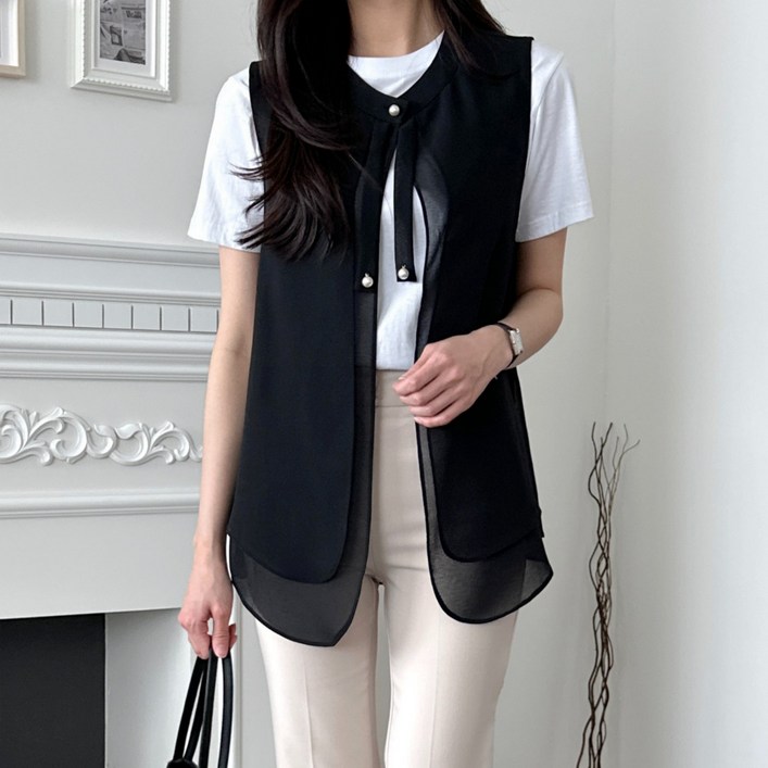 우아모 우아한 진주 이중쉬폰 조끼 빅사이즈 중년여성 엄마옷 국산 베스트