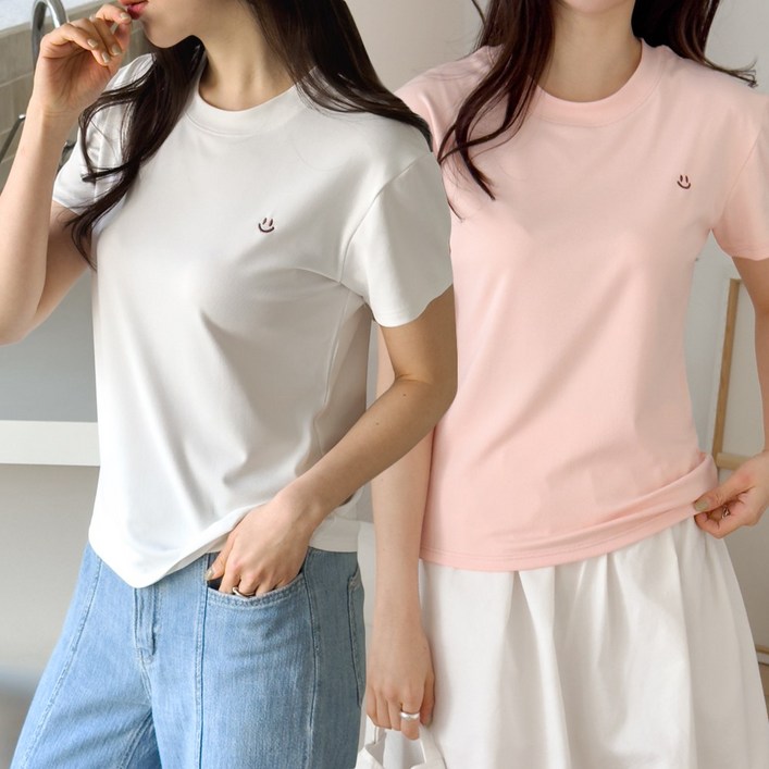 제이그린 여성 심플 스마일 자수 라운드넥 반팔 티셔츠 2P