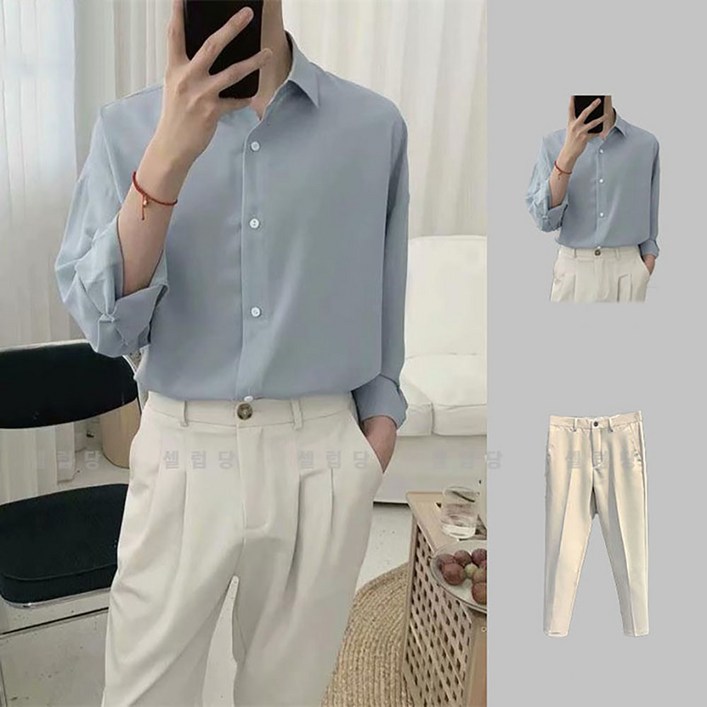 셀럽당 셔츠 남 긴팔 봄여름 얇은 루즈핏 고급감 셔츠 아우터 정장바지 투피스Q01433