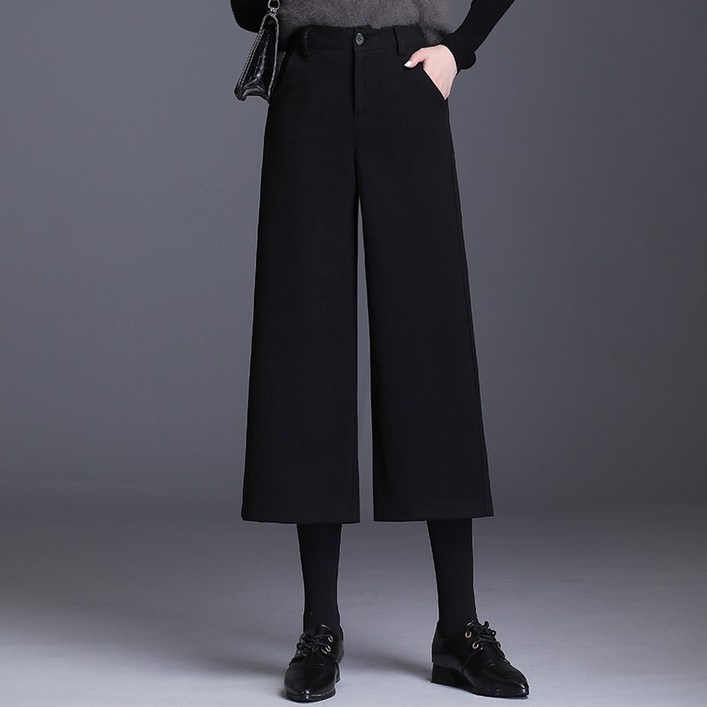 Makone 여자기모슬랙스 모직 와이드팬츠 여성 가을겨울셋트 두꺼운 기모 칠부 통돌이 루즈핏 빅사이즈 8부바지