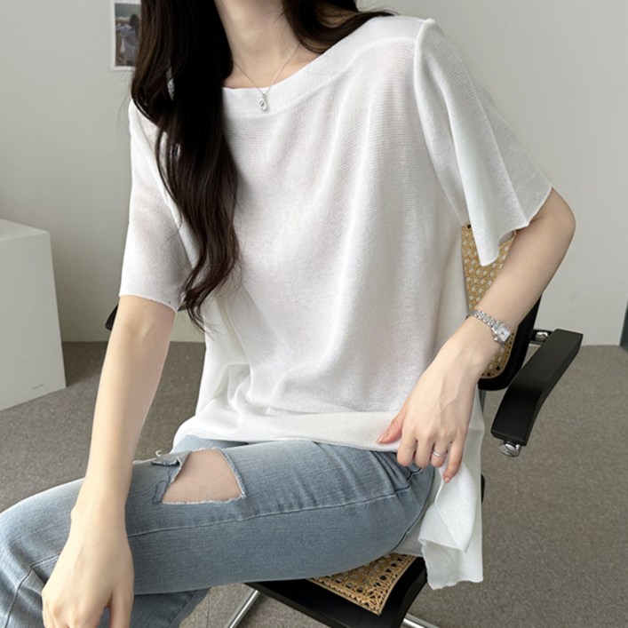 바이단미 MADE 여성용 풀오버 입술넥 반팔 언발란스 루즈핏 빅사이즈 보트넥 플레어 니트